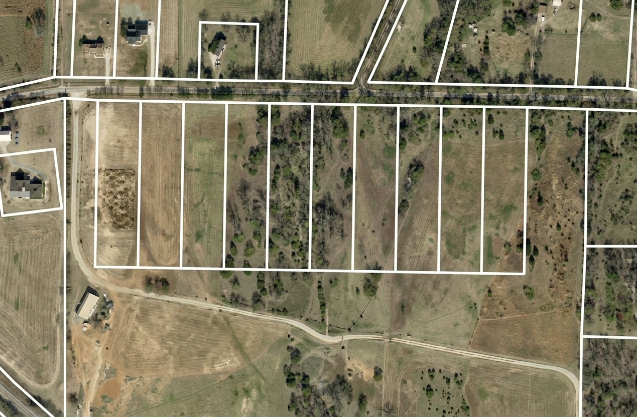 Aerial view showing the outlines of the ten Summer Meadows lots along County Road 707
